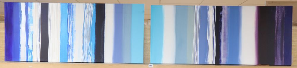 A pair of modern abstract oils on canvas, indistinctly signed verso, 50 x 122cm, unframed